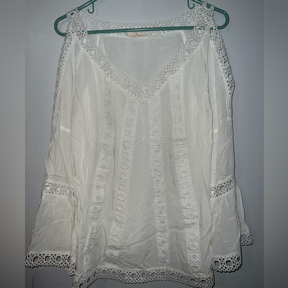 Long Sleeve White Cutout Shoulder Blouse